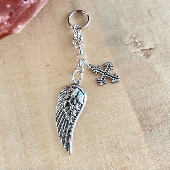 Whimsical Turtle Accessories - $10 SALE Handmade Cross & Angel Wing Keychain Mixed Metal